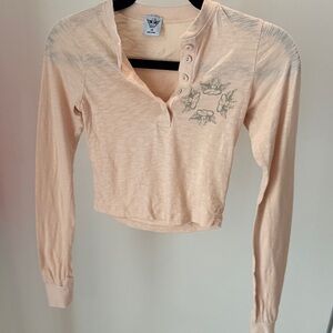 Boys Lie Women's Long-Sleeve Henley in Light Peach with Chest Graphic